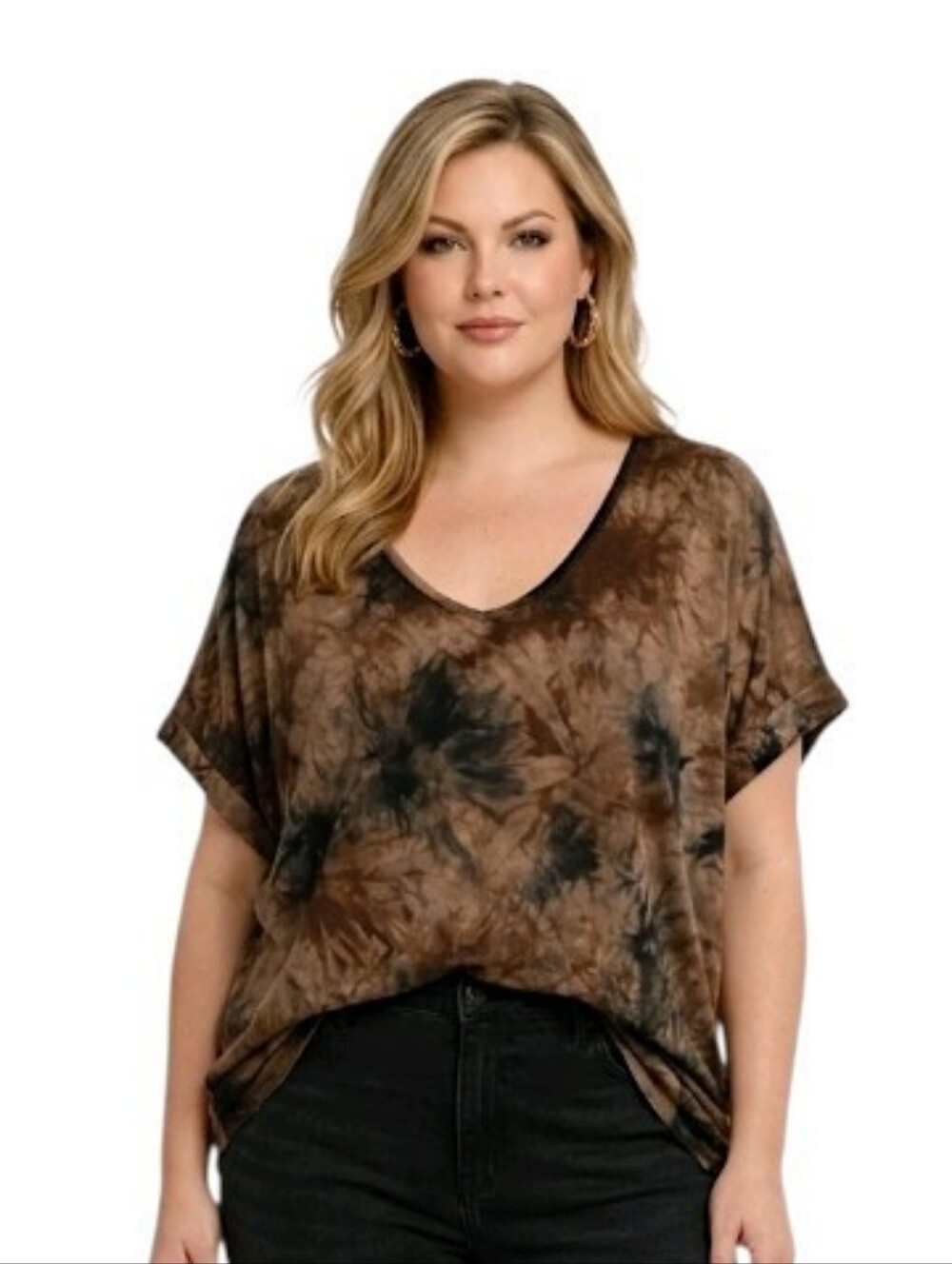 Coin 1804 Mocha Black Tie-Dye V-Neck Rolled Short Sleeve Top Size 3X